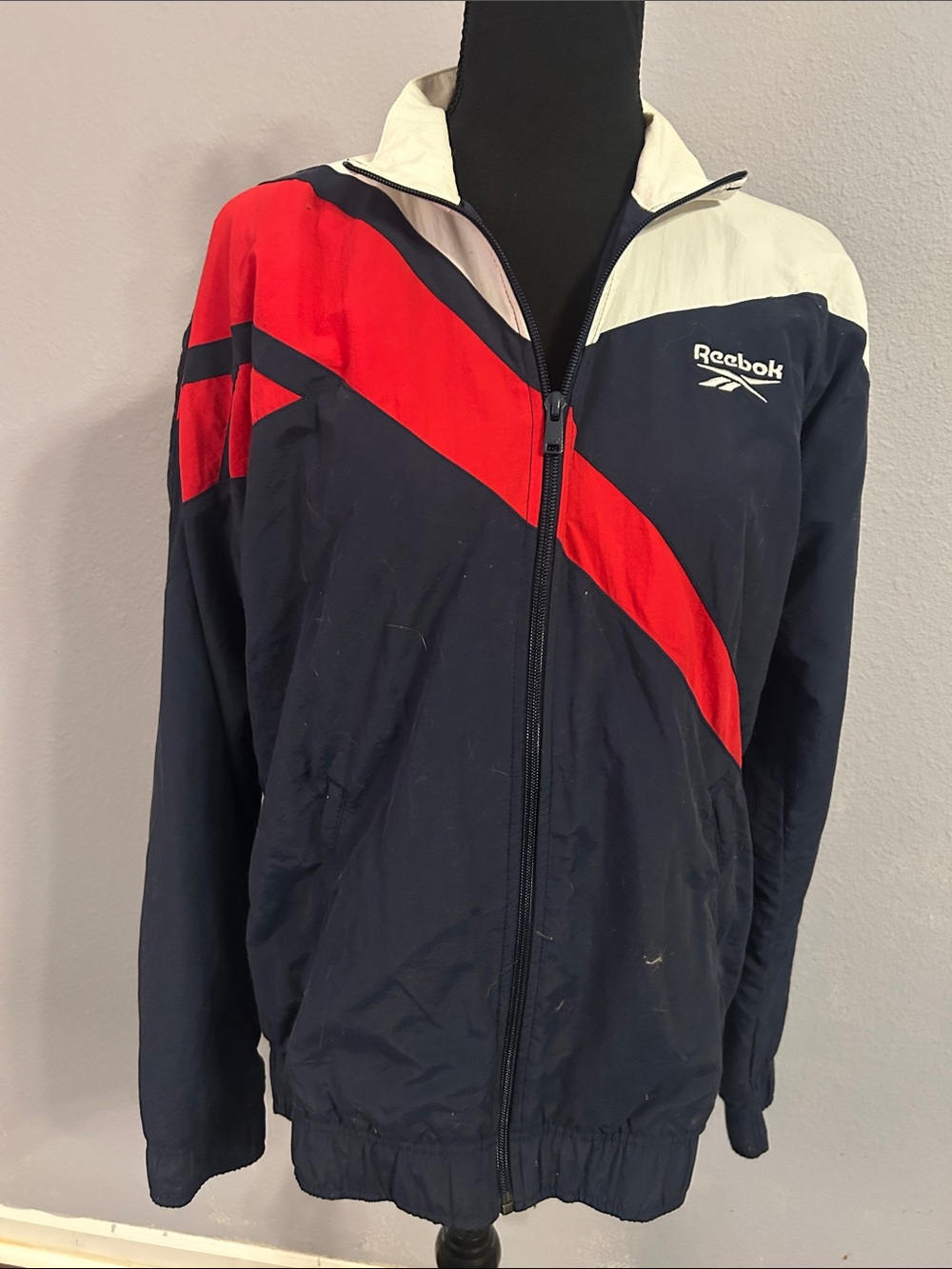 Reebok Men Unisex Navy, Red & White Colorblock Windbreaker Size Small